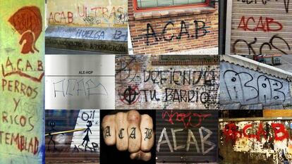 Fotografías de grafitis en Madrid, Zaragoza, Bilbao y Granada, con las siglas ACAB (All Cops Are Bastards).