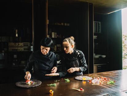 Fina Puigdevall (izquierda) y su hija Martina Puigvert, cocineras del restaurante Les Cols, en Olot (Girona).