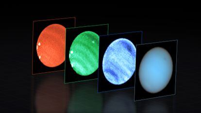 Neptuno dividido en colores y longitudes de onda, lo que proporciona una gran cantidad de información valiosa para los astrónomos.