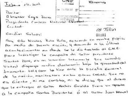 Un fragmento de la carta en la que Otto Bula niega haber entregado dinero a la campaña del presidente Santos.