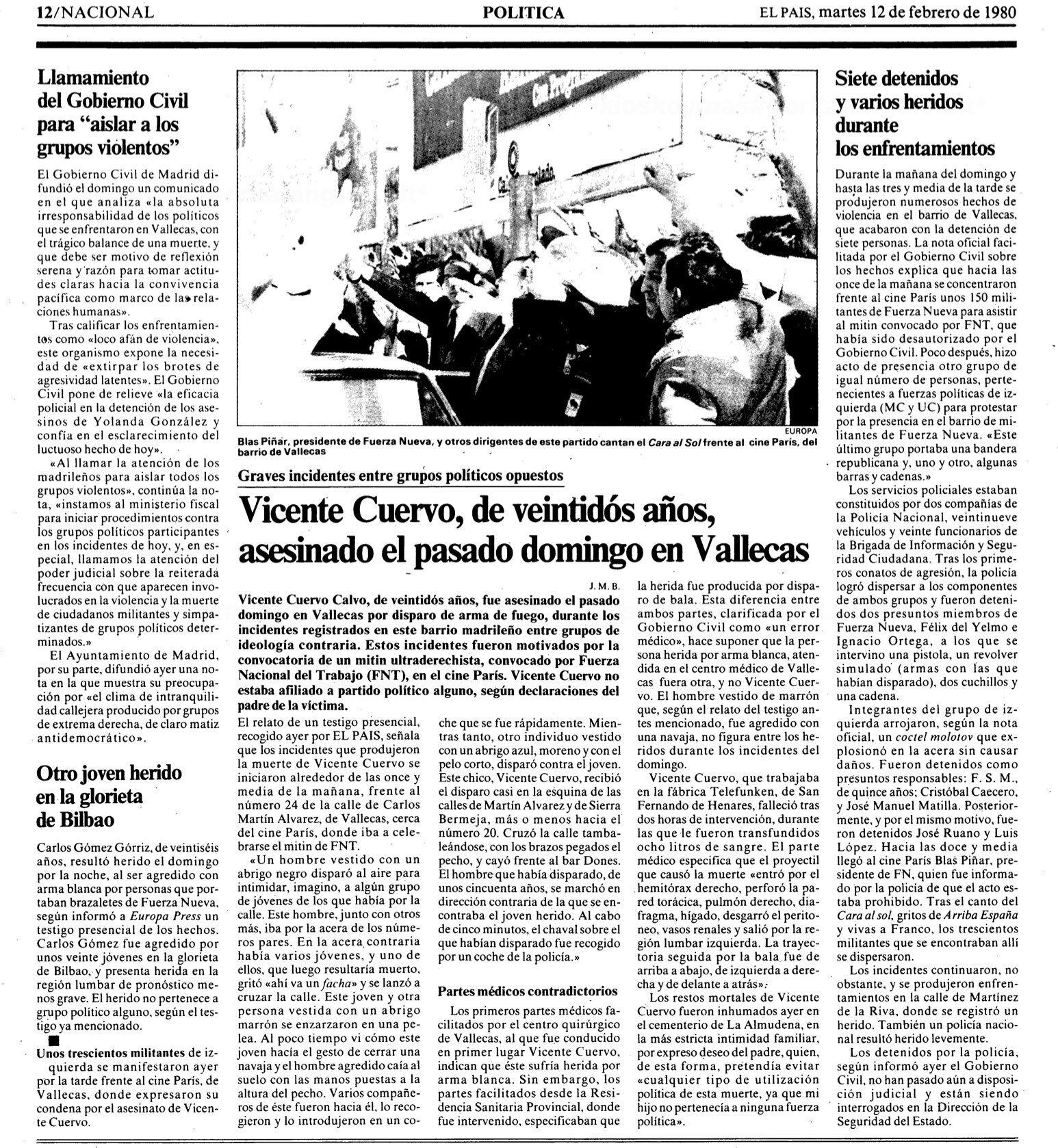 Crónica de EL PAÍS del asesinato de Vicente Cuervo, publicada el 12 de febrero de 1980.