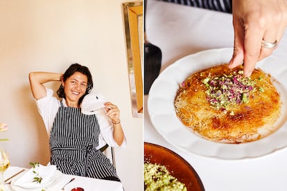 Las especias son imprescindibles para lograr los sabores mediterráneos de los platos de Heba Kharouf. Su famoso postre de queso, knafe, está decorado con pistachos, pétalos de rosa (los mismos que se usan para las infusiones) y sirope de azahar.