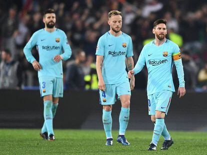 Messi, Rakitic y Piqué, en el Olímpico de Roma.