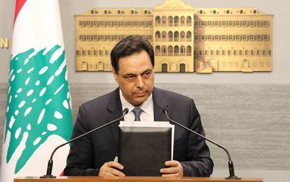 El primer ministro de Líbano, Hasan Diab, hoy durante su discurso.