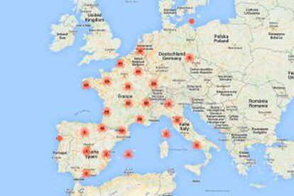 Mapa de alojamientos de la cadena Logis en Europa.