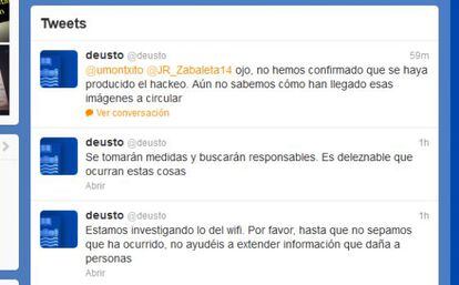 Mensajes lanzados por la Universidad de Deusto en Twitter sobre el supuesto robo de imágenes íntimas de alumnos.