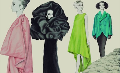 Dibujo de una colección de Balenciaga hecha por la ilustradora Carmen García Huerta.