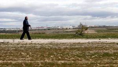 Un hombre camina por los terrenos finalmente elegidos para ubicar Eurovegas, el centro de ocio, negocios y turismo más grande de Europa que ocupará 750 hectáreas del distrito norte de Alcorcón y cuya primera piedra podría colocarse a finales de este mismo año. EFE/Archivo