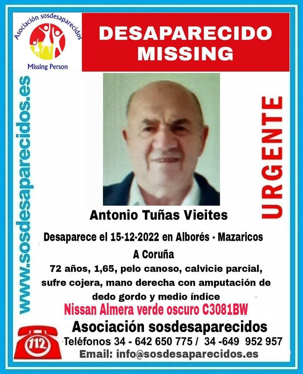 Cartel de SOS Desaparecidos de Antonio Tuñas, cuyo cráneo fue localizado el mes pasado en Mazaricos.