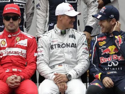 Alonso, Schumacher y Vettel en la presentaci&oacute;n oficial del GP de Brasil.