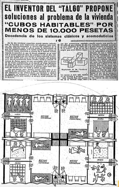 Arriba, noticia publicada en el diario 'Pueblo' con soluciones extremas para la repentina superpoblación de Madrid durante el éxodo rural. Abajo, un plano de las viviendas prefabricadas de De la Hoz y García de Paredes.