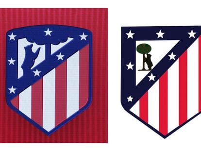 Combo con dos fotos del escudo del Atlético de Madrid. El que aparece en la fotografía de la izquierda, de fecha 9 de diciembre de 2016, fue presentado para la temporada 2017-18. El de la derecha es el escudo anterior a aquel cambio.