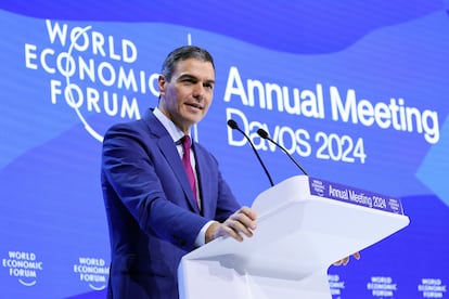 El presidente del Gobierno, Pedro Sánchez, durante su intervención en el Foro Económico Mundial, en Davos (Suiza).
