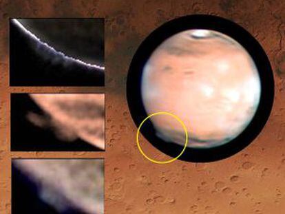 Una imagen compuesta de Marte con la nube formada sobre la región Terra Cimmeria