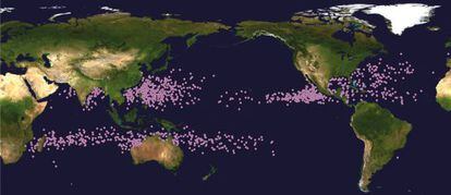 Distribución global de los ciclones tropicales en su fase de mayor intensidad entre 1982 y 2012.