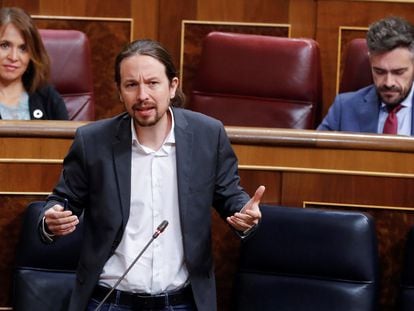 El vicepresidente segundo del Gobierno, Pablo Iglesias, durante su intervención en la última sesión de control al Ejecutivo, este miércoles.