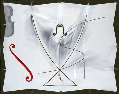 SALVADOR DALÍ. Sans Titre. « Queue d’aronde » et violoncelles, 1983  Huile sur toile - 73,2 x 92,2 cm. Fundació Gala-Salvador Dalí, Figueres  © Salvador Dalí, Fundació Gala-Salvador Dalí / Adagp, Figueres, Paris, 2012