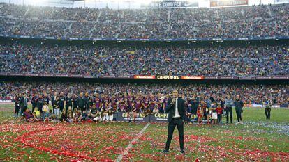 Luis Enrique, el pasado 23 de mayo, en el discurso por la victoria en la Liga en el Camp Nou. El partido ante el Deportivo acabó 2-2.