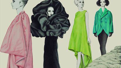 Dibujo de una colección de Balenciaga hecha por la ilustradora Carmen García Huerta. 