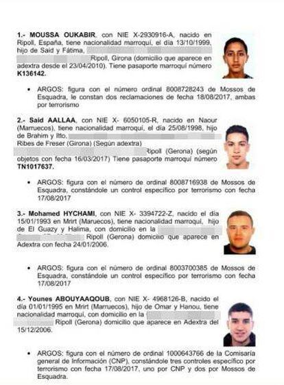 Informe con las fichas policiales de los cuatro sospechosos. El último es Younes Abouyaaqoub.