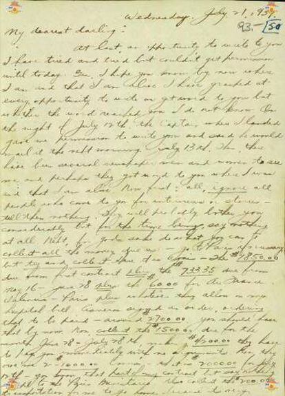 Primera de las dos cartas enviadas por Dahl a su esposa desde la prisión de Salamanca.