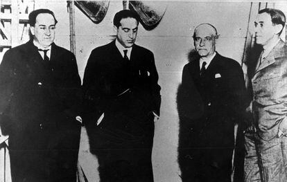 Antonio Machado, Gregorio Marañón, José Ortega y Gasset y Ramón Pérez de Ayala, en Segovia en 1931.