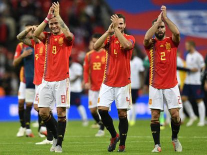 FMA0001. London (United Kingdom), 08/09/2018.- Spain's team react after winning the UEFA Nations League Group 1 soccer match between England and Spain at Wembley Stadium in London, Britain, 08 September, 2018. (España, Londres) EFE/EPA/NEIL HALL