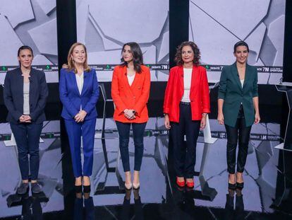 Irene Montero, Ana Pastor (del PP), Ana Pastor (periodista de La Sexta), Inés Arrimadas (de Ciudadanos), María Jesús Montero (del PSOE) y Rocío Monasterio (de Vox). En vídeo, los mejores momentos del debate de La Sexta.