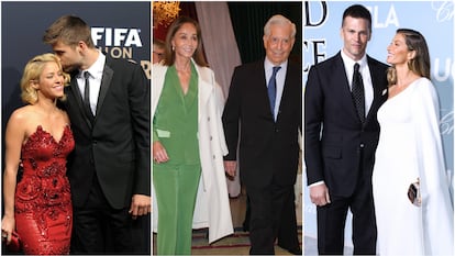 De izquierda a derecha, tres parejas rotas: Shakira y Piqué, Isabel Preysler y Mario Vargas Llosa y Tom Brady y Gisele Bündchen.