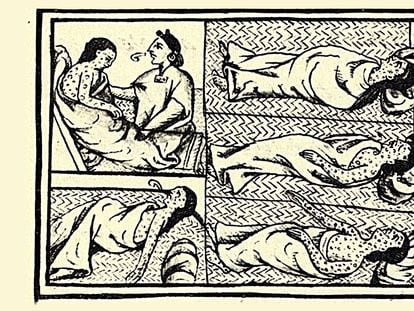 Enfermos de viruela o hueyzáhuatl durante el sitio a Tenochtitlan. Códice Florentino, lib. XII, f. 53v