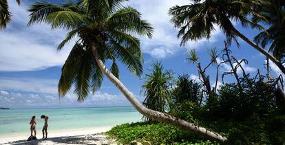 Dos mujeres bajo una palmera en una playa en las Islas Andamán (India).