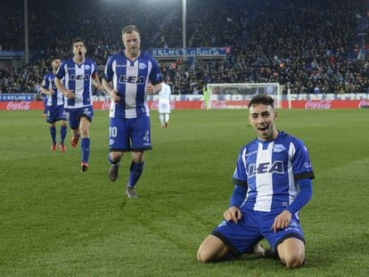 Munir celebra su gol al Deportivo de La Coruña.
