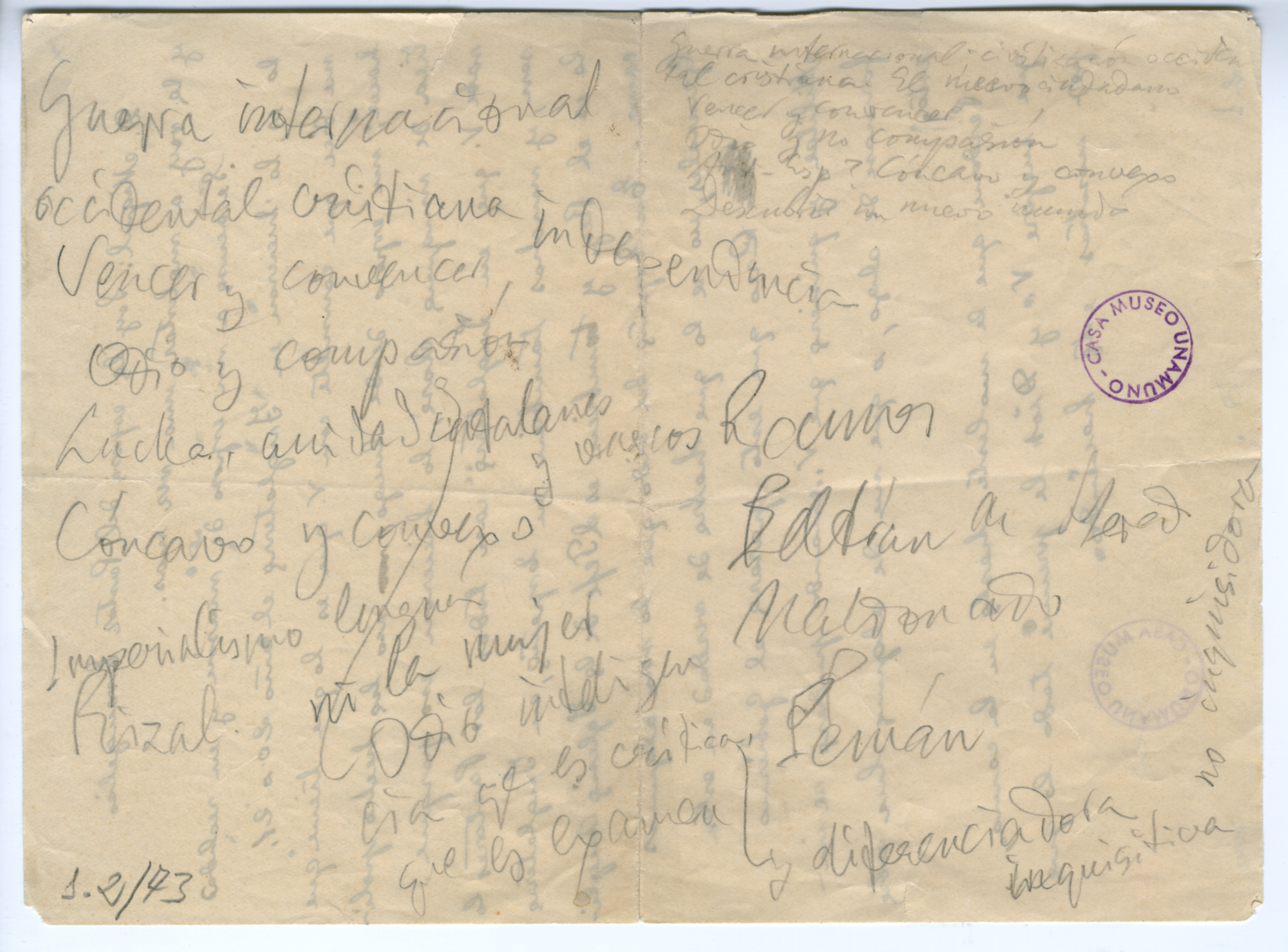 Carta de Miguel de Unamuno, en una imagen cedida por la casa museo del escritor.