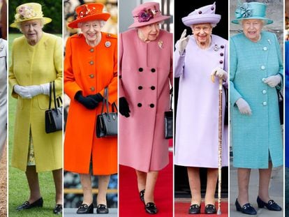 La reina Isabel II, vestida con sus característicos conjuntos de abrigo y sombrero a juego, en distintas fotografías tomadas entre 1996 y 2022.