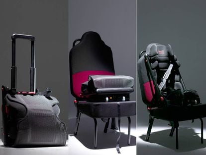 Textia ha desarrollado una primera versión portátil de su silla, que se puede llevar en forma de equipaje de mano y, llegado el momento, desplegarse para su instalación en el asiento del coche.