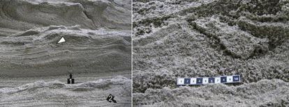A la izquierda, localización de la huella en la duna de Catalan Bay. A la derecha, detalle de la misma.