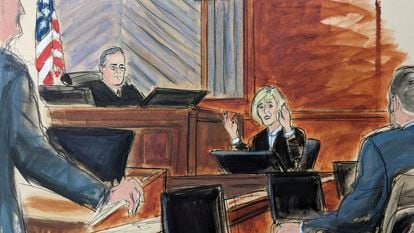 Ilustración de la escritora E. Jean Carroll, durante el juicio en una corte federal de Nueva York, este miércoles.