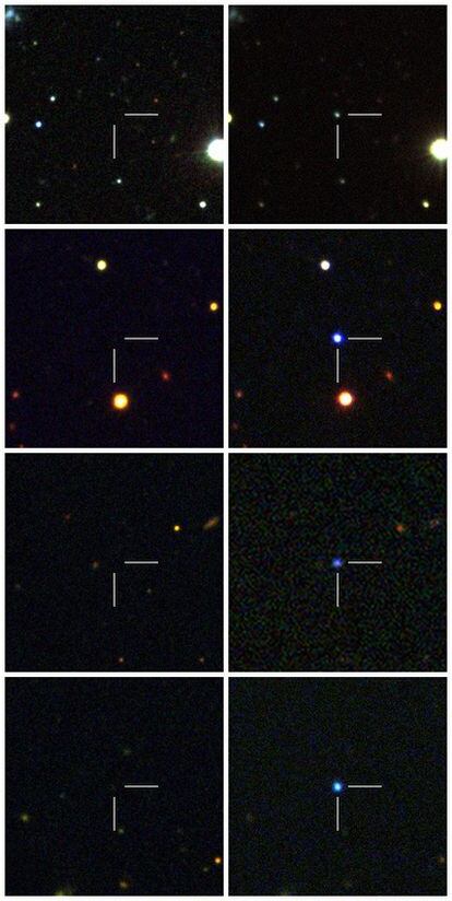 Las cuatro supernovas muy azules y brillantes y su entorno estelar antes de la explosión.