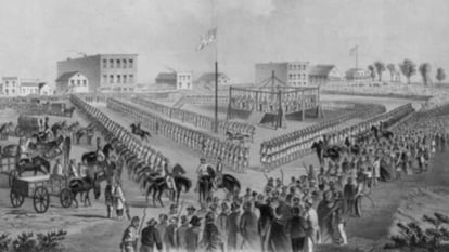 Ejecución de los jefes indios dakota (sioux), en 1862.
