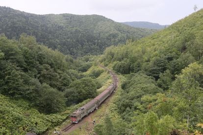 Isla de Sajalín, un tren a punto de entrar en un túnel en Nikolaichuk, fotografiado desde un puente.