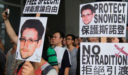 Manifestantes en contra de la extradición de Snowden en Hong Kong.