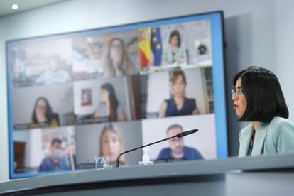 Carolina Darias durante la rueda de prensa tras presidir por videoconferencia, junto a Miquel Iceta, la reunión del Consejo Interterritorial del Sistema Nacional de Salud.