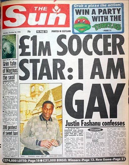 La infame portada del tabloide 'The Sun' en el que el futbolista, chantajeado por el propio periódico, comunicó al mundo que era homosexual.