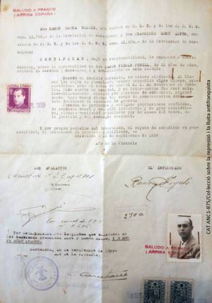 Certificat de Falange del 15 de setembre del 1939 referit a Ramon Figuls.