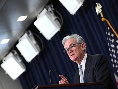 Jerome Powell, presidente de la Reserva Federal, durante la rueda de prensa de este miércoles.