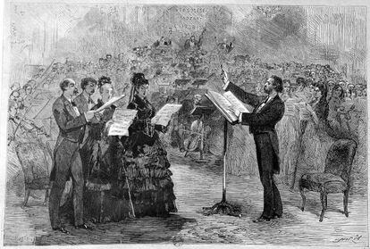 Grabado en el que aparece Verdi dirigiendo una misa en la Ópera Cómica de París.