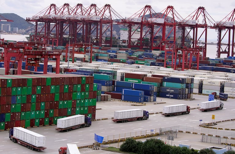 Containers and trucks in the port of Shanghai, China, on October 19.