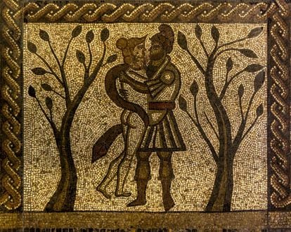 Detalle del mosaico de Low Ham (350 d. C.), en los baños de una villa romana de Somerset (Inglaterra), que cuenta la historia de Dido y Eneas.