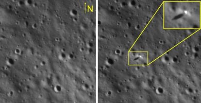 La cámara de alta resolución del orbitador lunar de la NASA captaba el 23 de agosto esta imagen de la posición en la que había aterrizado unas horas antes la misión Chandrayaan-3 entre algunos cráteres lunares.
