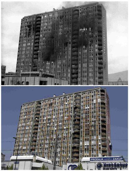 Edificio en llamas en el distrito de Pofalici de la capital bosnia, tras haber sido bombardeado por la artillería serbia. El mismo edificio, en la actualidad.